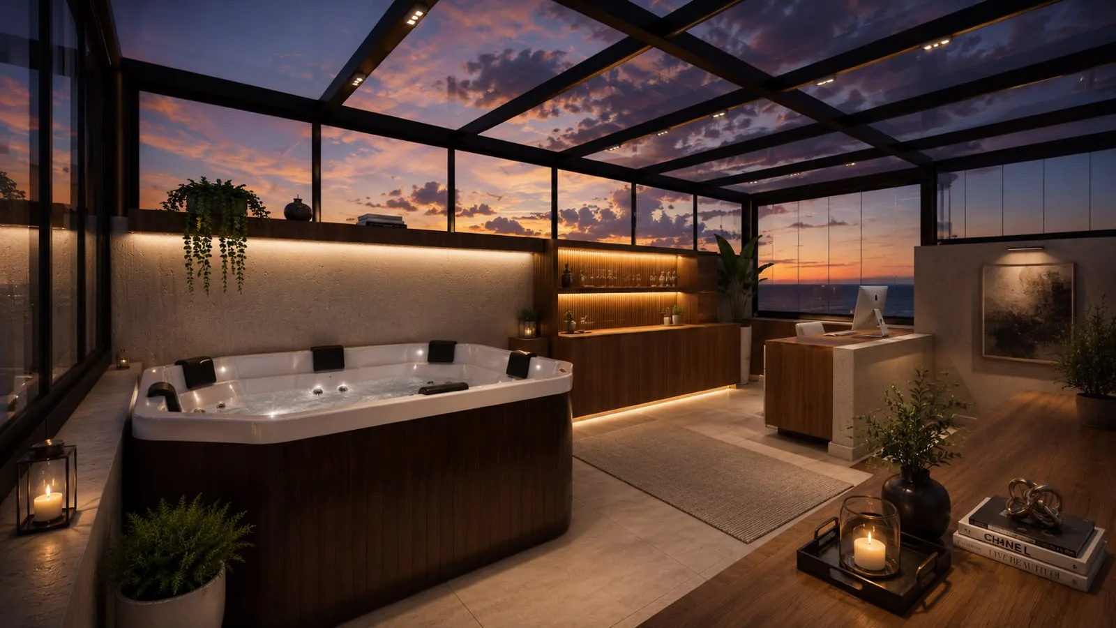 Cobertura com banheira de hidromassagem, cobertura de vidro e céu de pôr do sol, plantas, velas e escritório ao fundo.