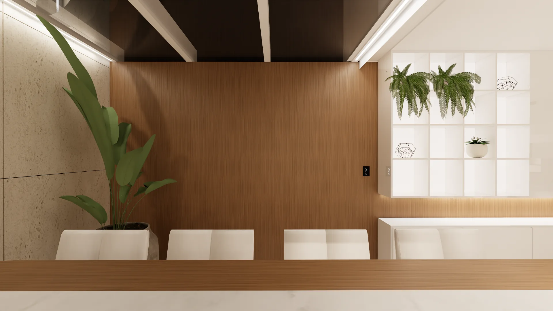 Painel de madeira ao lado da bancada de jantar, planta de folhas largas, cadeiras claras e nichos brancos iluminados com samambaias.