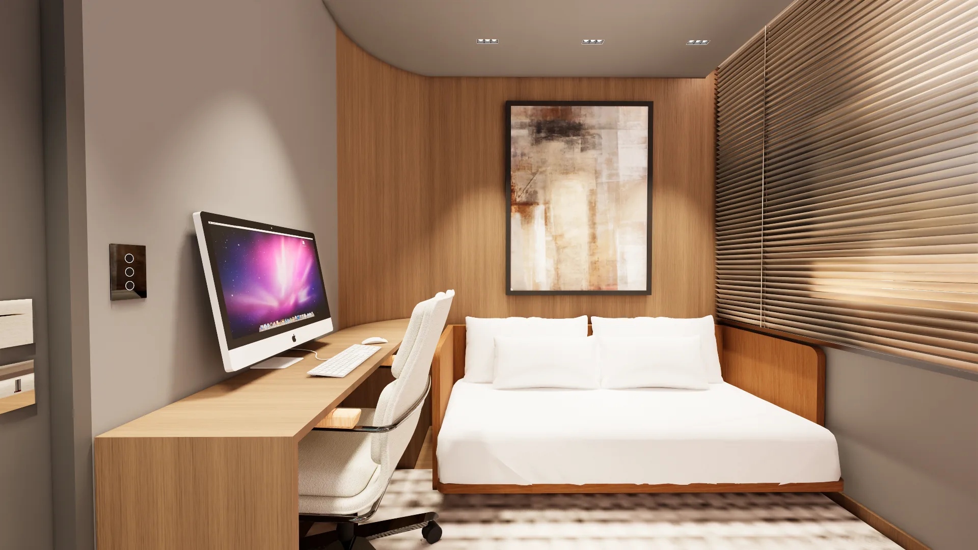 Quarto de visitas com bancada de trabalho em madeira, computador, cadeira branca, cama de solteiro com painel de madeira e quadro abstrato.