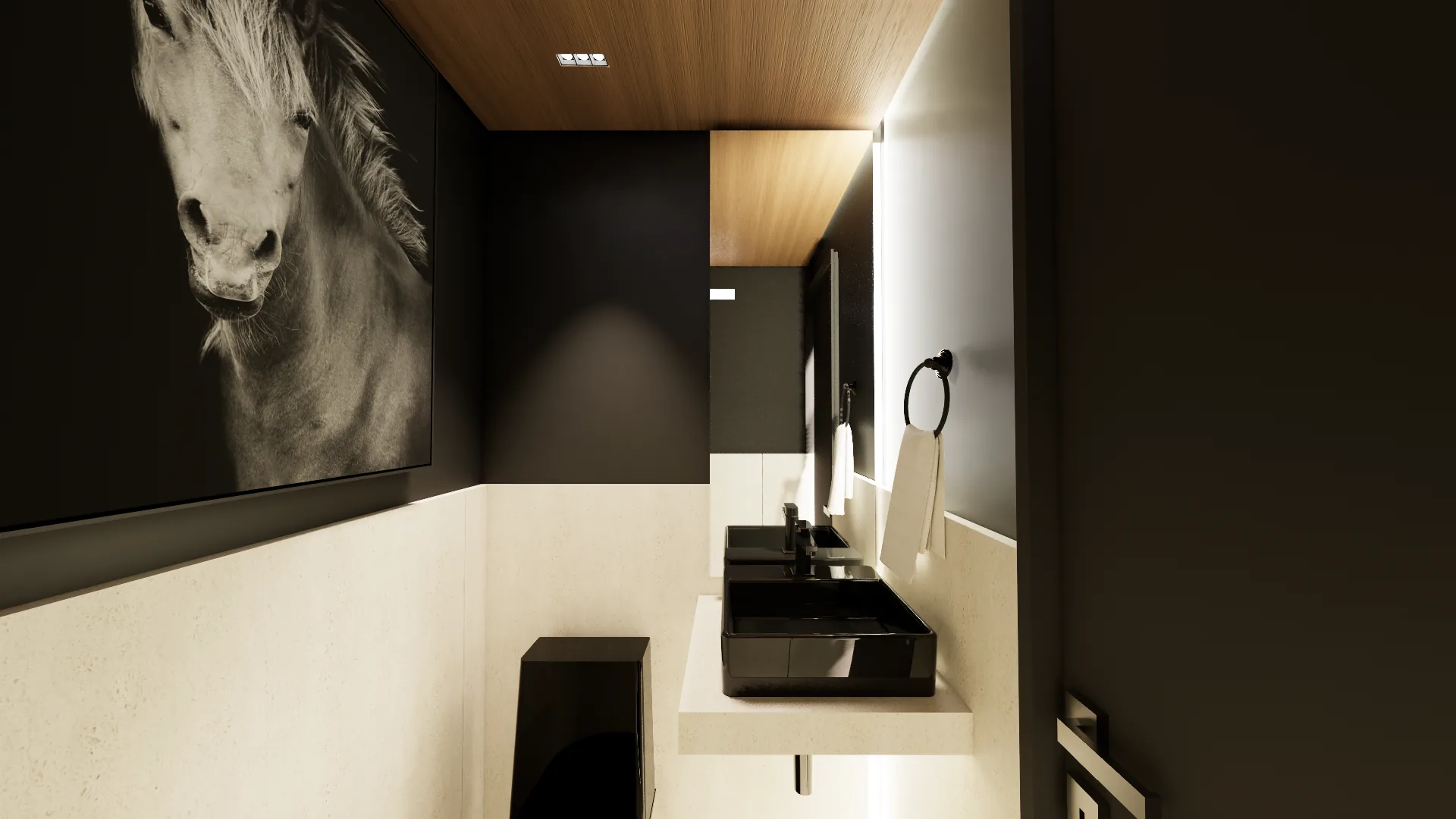 Lavabo com paredes escuras, quadro em preto e branco de um cavalo, cuba e metais pretos sobre bancada clara e forro de madeira com luz indireta.