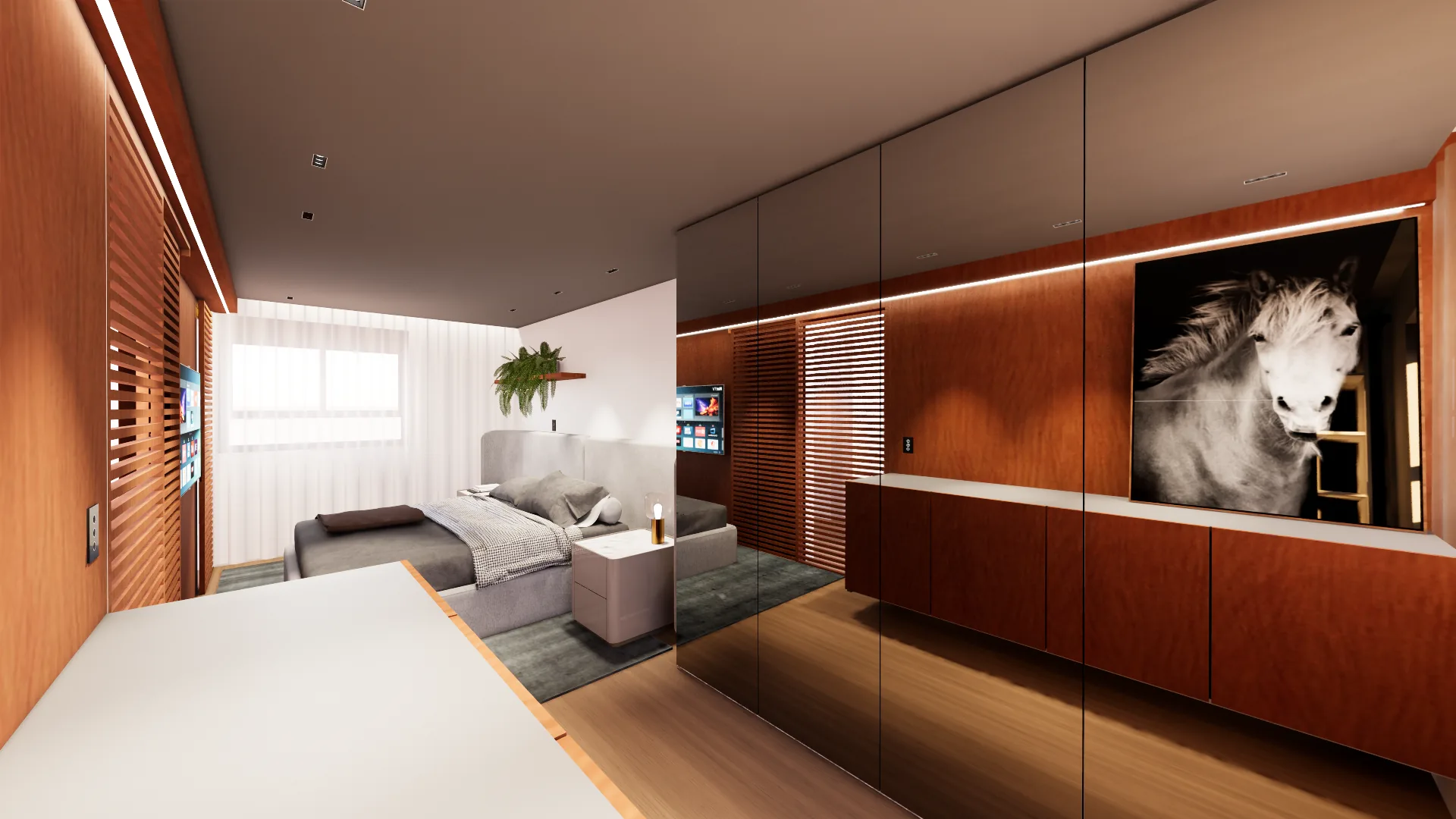 Suíte com cama cinza, cortina clara, armário espelhado, painéis de madeira ripada, iluminação linear e quadro de cavalo em preto e branco.