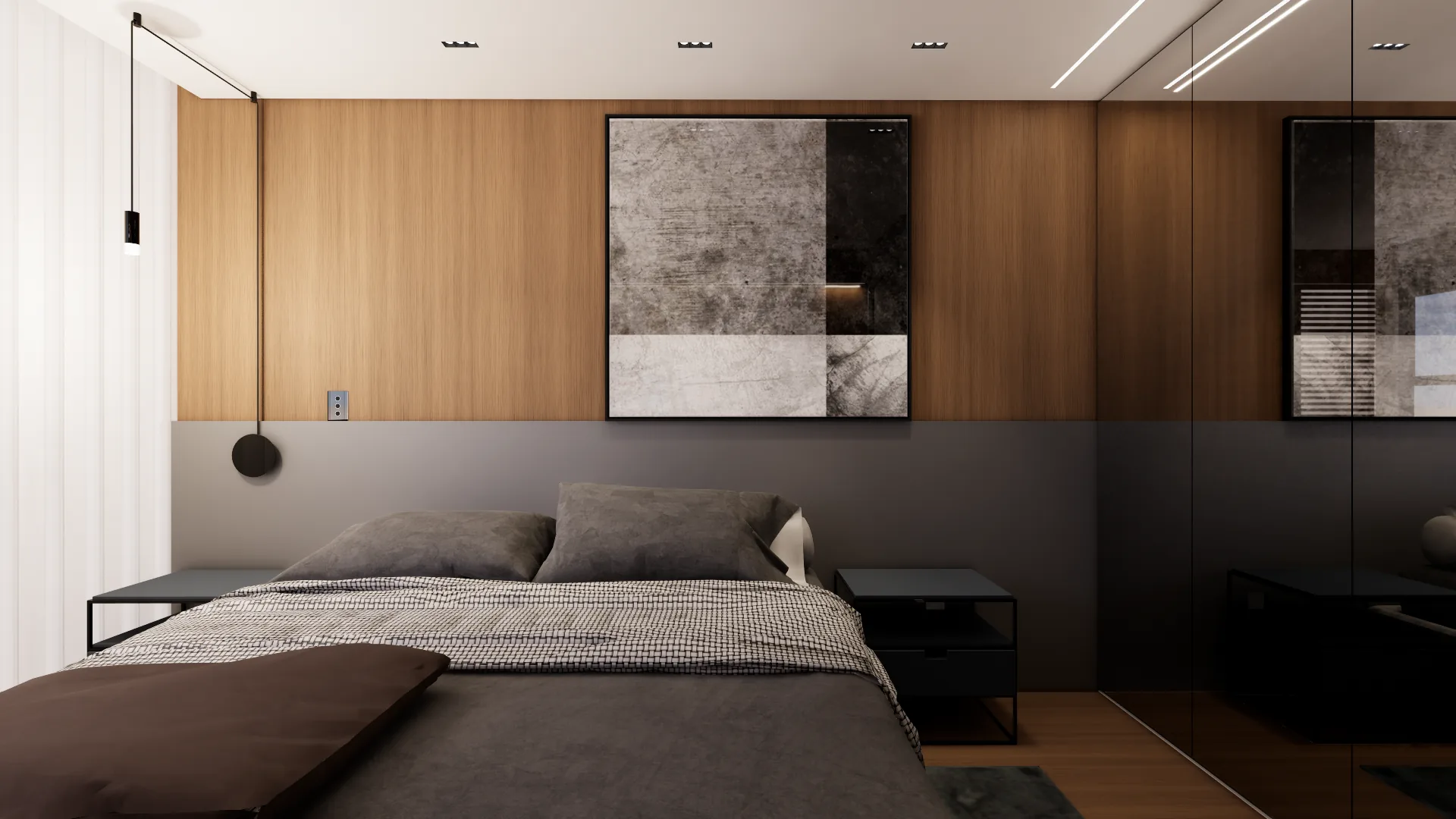 Proposta alternativa para a suíte com cabeceira em painel de madeira e laca cinza, quadro abstrato, pendentes pretos e armário de vidro escuro.